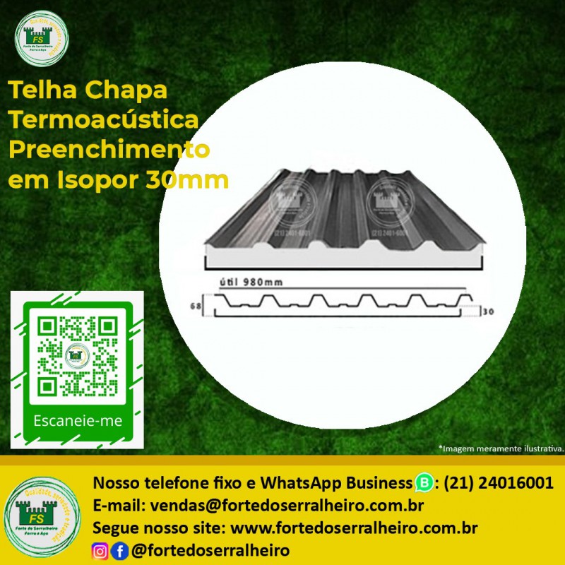 Telha chapa termoacústica sanduíche preenchimento em isopor 30mm