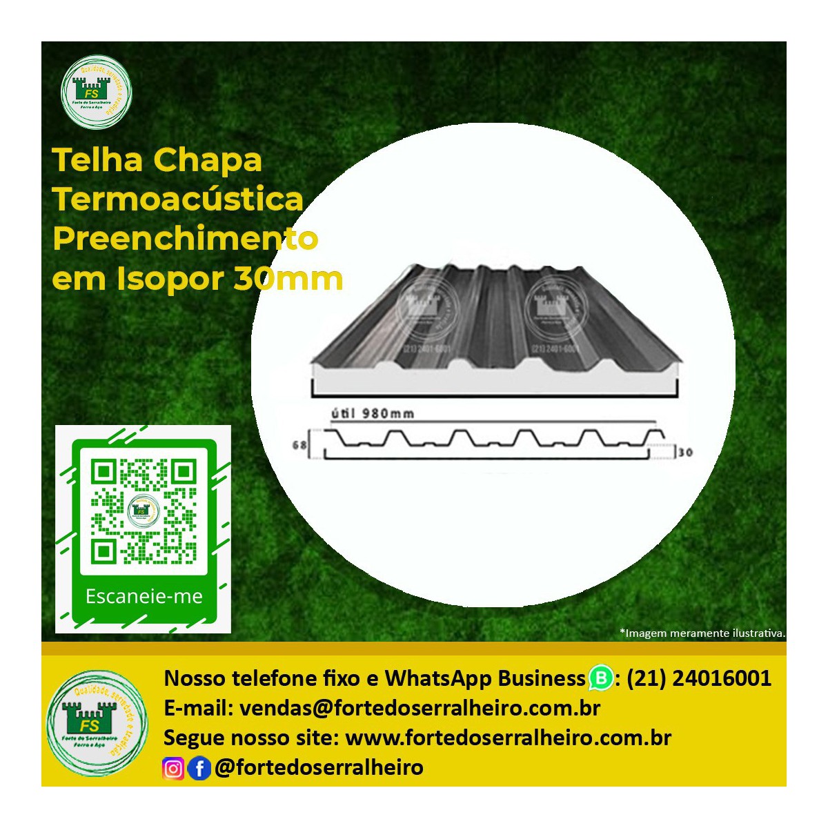 Telha chapa termoacústica sanduíche preenchimento em isopor 30mm