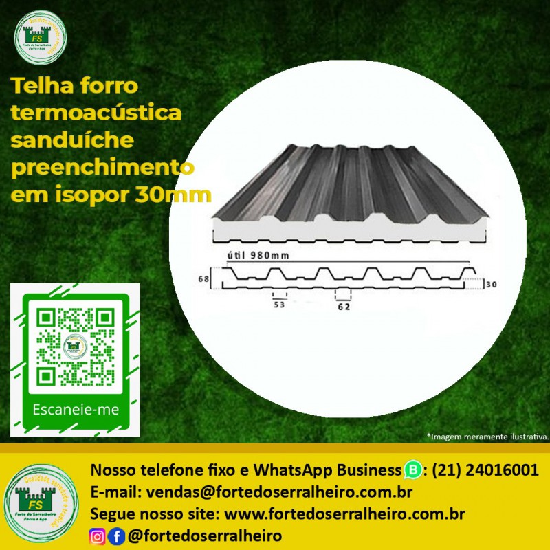 Telha forro termoacústica sanduíche preenchimento em isopor 30mm