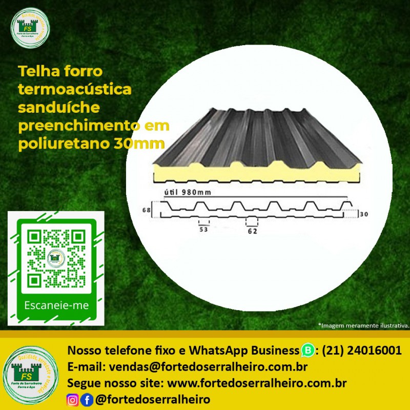 Telha forro termoacústica sanduíche preenchimento em poliuretano 30mm