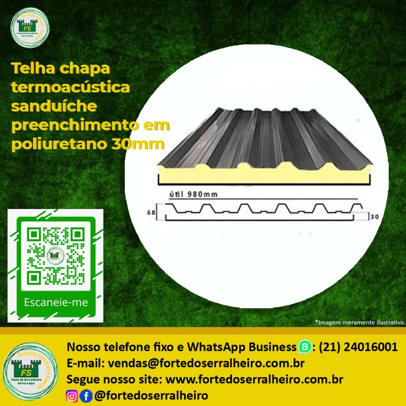 Telha chapa termoacústica sanduíche preenchimento em poliuretano 30mm
