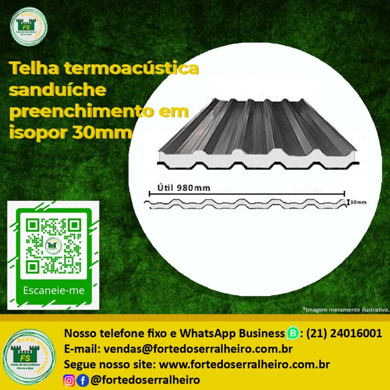 Telha termoacústica sanduíche preenchimento em isopor 30mm